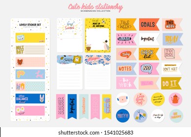 Collection of weekly or daily planner, note paper, to do list, stickers templates decorated by cute kids illustrations and inspirational quote. School scheduler and organizer. Flat vector