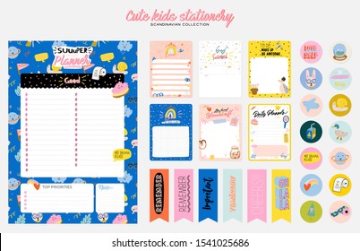 Collection of weekly or daily planner, note paper, to do list, stickers templates decorated by cute kids illustrations and inspirational quote. School scheduler and organizer. Flat vector