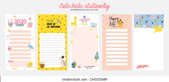 Collection of weekly or daily planner, note paper, to do list, stickers templates decorated by cute kids illustrations and inspirational quote. School scheduler and organizer. Flat vector