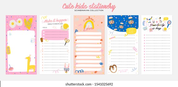 Collection of weekly or daily planner, note paper, to do list, stickers templates decorated by cute kids illustrations and inspirational quote. School scheduler and organizer. Flat vector