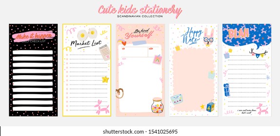 Collection of weekly or daily planner, note paper, to do list, stickers templates decorated by cute kids illustrations and inspirational quote. School scheduler and organizer. Flat vector