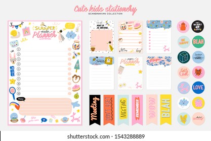 Collection of weekly or daily planner, note paper, to do list, stickers templates decorated by cute kids illustrations and inspirational quote. School scheduler and organizer. Flat vector