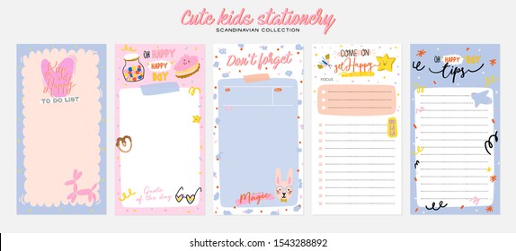 Collection of weekly or daily planner, note paper, to do list, stickers templates decorated by cute kids illustrations and inspirational quote. School scheduler and organizer. Flat vector