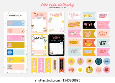 Collection of weekly or daily planner, note paper, to do list, stickers templates decorated by cute kids illustrations and inspirational quote. School scheduler and organizer. Flat vector