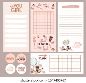 Collection of weekly or daily planner, note paper, to do list, stickers templates decorated by Girl Power concept and beauty cosmetic illustrations and inspirational quote. Vector Illustration.