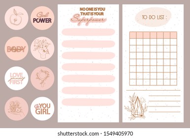 Collection of weekly or daily planner, note paper, to do list, stickers templates decorated by Girl Power concept and beauty cosmetic illustrations and inspirational quote. Vector Illustration.