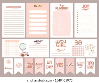 Collection of weekly or daily planner, note paper, to do list, stickers templates decorated by Girl Power concept and beauty cosmetic illustrations and inspirational quote. Vector Illustration.