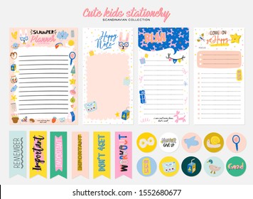 Collection of weekly or daily planner, note paper, to do list, stickers templates decorated by cute kids illustrations and inspirational quote. School scheduler and organizer. Flat vector