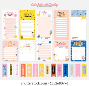 Collection of weekly or daily planner, note paper, to do list, stickers templates decorated by cute kids illustrations and inspirational quote. School scheduler and organizer. Flat vector