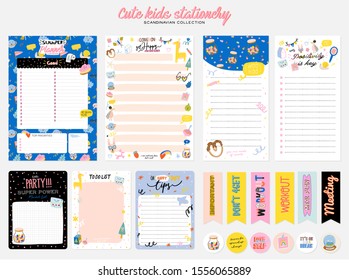 Collection of weekly or daily planner, note paper, to do list, stickers templates decorated by cute kids illustrations and inspirational quote. School scheduler and organizer. Flat vector