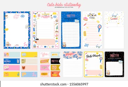 Collection of weekly or daily planner, note paper, to do list, stickers templates decorated by cute kids illustrations and inspirational quote. School scheduler and organizer. Flat vector