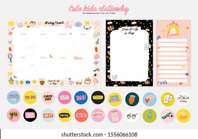 Collection of weekly or daily planner, note paper, to do list, stickers templates decorated by cute kids illustrations and inspirational quote. School scheduler and organizer. Flat vector