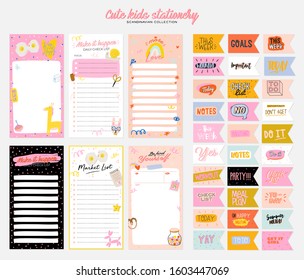 Collection of weekly or daily planner, note paper, to do list, stickers templates decorated by cute kids illustrations and inspirational quote. School scheduler and organizer. Flat vector
