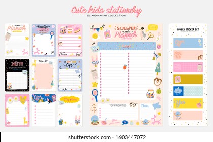 Collection of weekly or daily planner, note paper, to do list, stickers templates decorated by cute kids illustrations and inspirational quote. School scheduler and organizer. Flat vector
