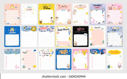 Collection of weekly or daily planner, note paper, to do list, stickers templates decorated by cute kids illustrations and inspirational quote. School scheduler and organizer. Flat vector
