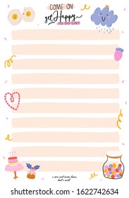 Collection of weekly or daily planner, note paper, to do list, stickers templates decorated by cute love illustrations and inspirational quote. School scheduler and organizer. Flat vector