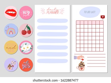 Collection of weekly or daily planner, note paper, to do list, stickers templates decorated by cute romantic elements and human hands illustrations and lovely typography quote. Vector Illustration.