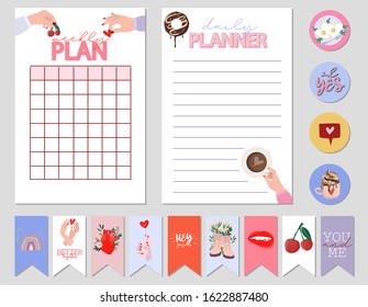 Collection of weekly or daily planner, note paper, to do list, stickers templates decorated by cute romantic elements and human hands illustrations and lovely typography quote. Vector Illustration.
