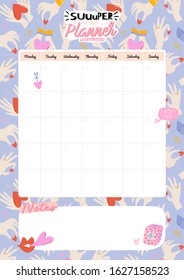 Collection of weekly or daily planner, note paper, to do list, stickers templates decorated by cute love illustrations and inspirational quote. School scheduler and organizer. Flat vector