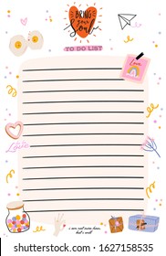 Collection of weekly or daily planner, note paper, to do list, stickers templates decorated by cute love illustrations and inspirational quote. School scheduler and organizer. Flat vector
