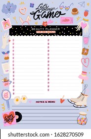 Collection of weekly or daily planner, note paper, to do list, stickers templates decorated by cute love illustrations and inspirational quote. School scheduler and organizer. Flat vector