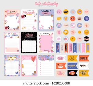 Collection of weekly or daily planner, note paper, to do list, stickers templates decorated by cute love illustrations and inspirational quote. School scheduler and organizer. Flat vector