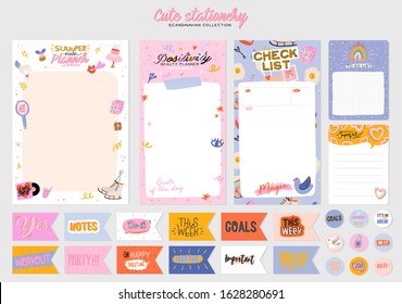 Collection of weekly or daily planner, note paper, to do list, stickers templates decorated by cute love illustrations and inspirational quote. School scheduler and organizer. Flat vector