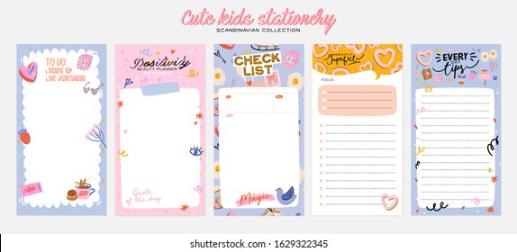 Collection of weekly or daily planner, note paper, to do list, stickers templates decorated by cute love illustrations and inspirational quote. School scheduler and organizer. Flat vector