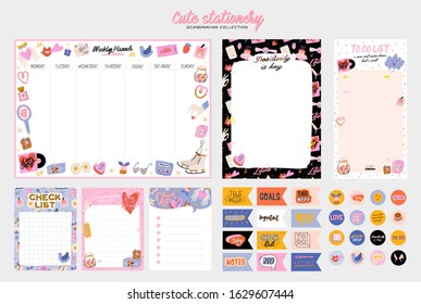 Collection of weekly or daily planner, note paper, to do list, stickers templates decorated by cute love illustrations and inspirational quote. School scheduler and organizer. Flat vector