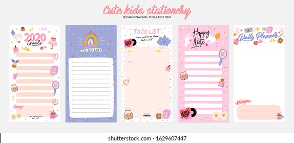 Collection of weekly or daily planner, note paper, to do list, stickers templates decorated by cute love illustrations and inspirational quote. School scheduler and organizer. Flat vector