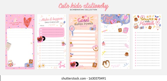 Collection of weekly or daily planner, note paper, to do list, stickers templates decorated by cute love illustrations and inspirational quote. School scheduler and organizer. Flat vector