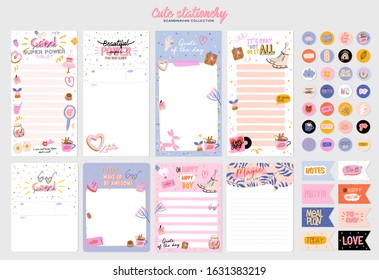 Collection of weekly or daily planner, note paper, to do list, stickers templates decorated by cute love illustrations and inspirational quote. School scheduler and organizer. Flat vector