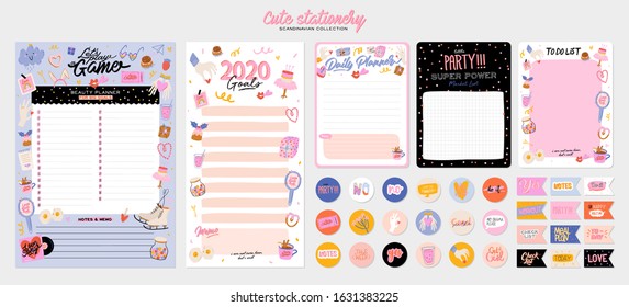 Collection of weekly or daily planner, note paper, to do list, stickers templates decorated by cute love illustrations and inspirational quote. School scheduler and organizer. Flat vector