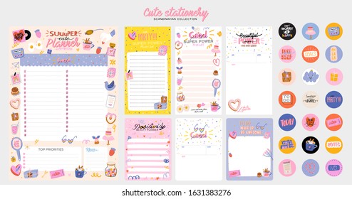 Collection of weekly or daily planner, note paper, to do list, stickers templates decorated by cute love illustrations and inspirational quote. School scheduler and organizer. Flat vector