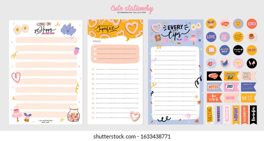 Collection of weekly or daily planner, note paper, to do list, stickers templates decorated by cute love illustrations and inspirational quote. School scheduler and organizer. Flat vector