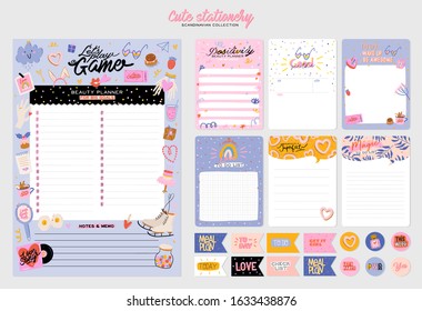 Collection of weekly or daily planner, note paper, to do list, stickers templates decorated by cute love illustrations and inspirational quote. School scheduler and organizer. Flat vector