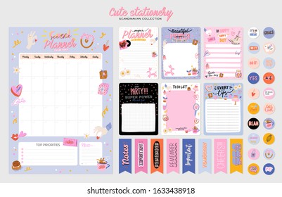 Collection of weekly or daily planner, note paper, to do list, stickers templates decorated by cute love illustrations and inspirational quote. School scheduler and organizer. Flat vector