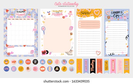 Collection of weekly or daily planner, note paper, to do list, stickers templates decorated by cute love illustrations and inspirational quote. School scheduler and organizer. Flat vector