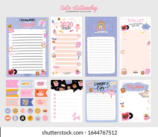 Collection of weekly or daily planner, note paper, to do list, stickers templates decorated by cute love illustrations and inspirational quote. School scheduler and organizer. Flat vector