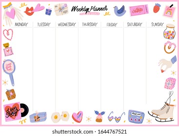 Collection of weekly or daily planner, note paper, to do list, stickers templates decorated by cute love illustrations and inspirational quote. School scheduler and organizer. Flat vector