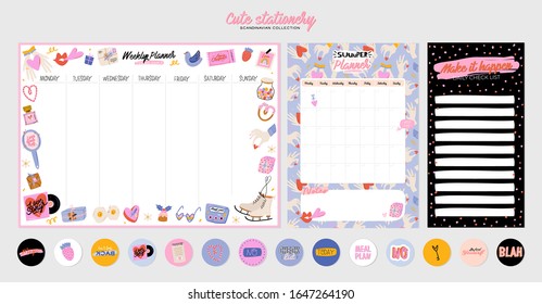 Collection of weekly or daily planner, note paper, to do list, stickers templates decorated by cute love illustrations and inspirational quote. School scheduler and organizer. Flat vector