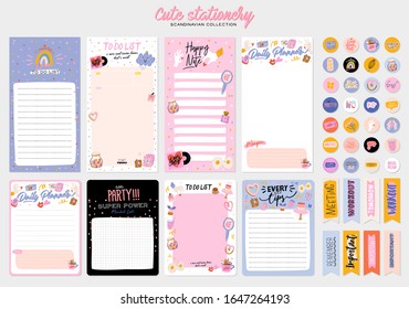 Collection of weekly or daily planner, note paper, to do list, stickers templates decorated by cute love illustrations and inspirational quote. School scheduler and organizer. Flat vector