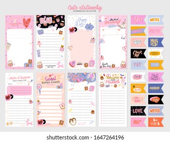 Collection of weekly or daily planner, note paper, to do list, stickers templates decorated by cute love illustrations and inspirational quote. School scheduler and organizer. Flat vector