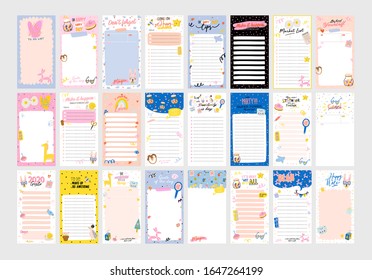 Collection of weekly or daily planner, note paper, to do list, stickers templates decorated by cute love illustrations and inspirational quote. School scheduler and organizer. Flat vector