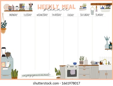 Collection of weekly or daily planner, note paper, to do list, stickers templates decorated with interior kitchen illustrations and inspirational quote. School scheduler and organizer. Flat vector