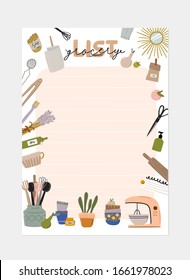 Collection of weekly or daily planner, note paper, to do list, stickers templates decorated with interior kitchen illustrations and inspirational quote. School scheduler and organizer. Flat vector