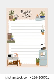 Collection of weekly or daily planner, note paper, to do list, stickers templates decorated with interior kitchen illustrations and inspirational quote. School scheduler and organizer. Flat vector