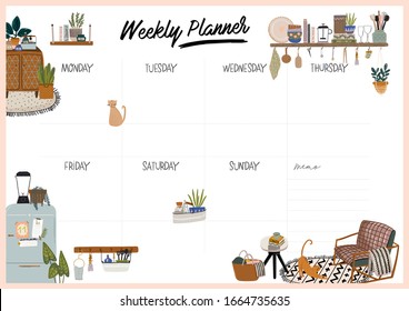 Collection of weekly or daily planner, note paper, to do list, stickers templates decorated with interior kitchen illustrations and inspirational quote. School scheduler and organizer. Flat vector