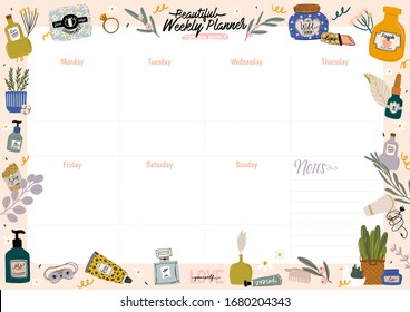 Collection of weekly or daily planner, note paper, to do list, stickers templates decorated by cute beauty cosmetic illustrations and trendy lettering. Trendy scheduler or organizer. Flat vector