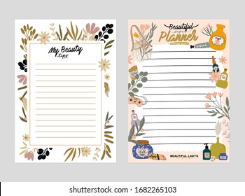 Colección de planificadores semanales o diarios, papel de nota, lista de hacer, plantillas de pegatinas decoradas con adorables ilustraciones cosméticas de belleza y letras a la moda. Programador u organizador de moda. Vector plano